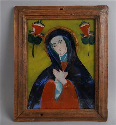 Hinterglasbild trauernde Hl. Maria, - Volkskunst, Skulpturen & Fayencen