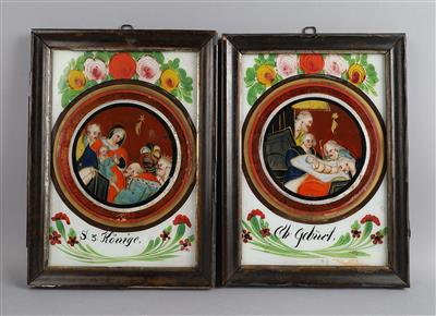 Zwei Hinterglasbilder, Geburt Christi und Hl. Drei Könige, - Volkskunst, Skulpturen & Fayencen