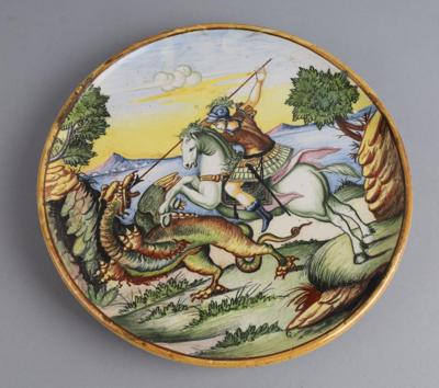Teller mit Darstellung des hl. Georg, den Drachen tötend, - Folk Art, Sculptures & Faiences
