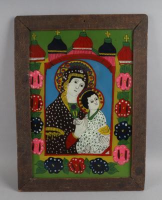 Hinterglasbild - Madonna mit Kind, - Volkskunst, Skulpturen und Fayencen