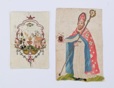 2 seltene doppelseitig gestickte Heiligenbilder, um 1800, - Antiquitäten, Volkskunst, Skulpturen & Fayencen
