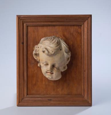 Kopf eines Jesuskindes oder Engels, Umkreis Johann Georg Dirr süddeutsch um 1750 - 70, - Starožitnosti, lidové umění, skulptura a fajáns