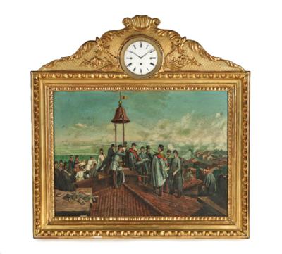 Biedermeier Bilderuhr mit Spielwerk "Die Belagerung Venedigs 1849 unter Julius von Haynau", - Clocks, Science, Curiosities