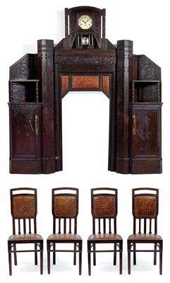 Gian Battista Gianotti, fireplace surround with a clock and four chairs, - Jugendstil and 20th Century Arts and Crafts