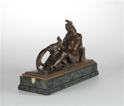 Ferdinand Liebermann (1883-1941), allegorische Frauenfigur an einer antikisierenden Brüstung lehnend mit einem Fasan, Entwurf, um 1910 für die Wiener Gesellschaft von Freunden der Kleinplastik - Jugendstil und Kunsthandwerk des 20. Jahrhunderts