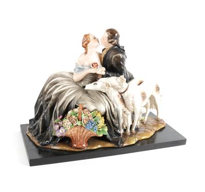 A large centrepiece with Biedermeier couple and two greyhounds and flower basket, Cacciapuoti, Ceramiche e Gres d'Arte, c. 1920 - Jugendstil and 20th Century Arts and Crafts