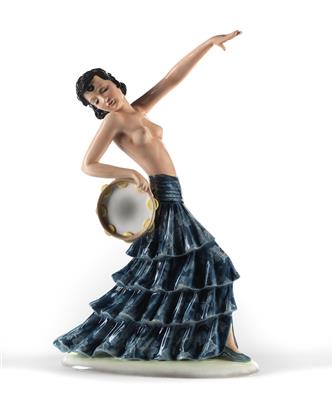 Stephan Dakon, a flamenco dancer in a long skirt (half-nude) with tambourine on oval base, Friedrich Goldscheider, 1922-41 - Jugendstil and 20th Century Arts and Crafts