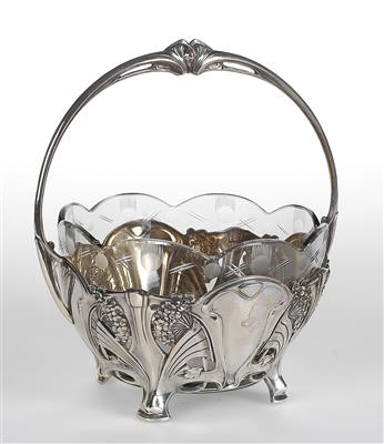A handled basket made of silver with original glass liner, Germany, first third of the 20th century - Jugendstil and 20th Century Arts and Crafts