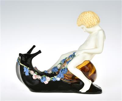 Michael Powolny, a figure riding a snail, model: c. 1907, executed by Wiener Keramik, 1907-17 - Jugendstil and 20th Century Arts and Crafts