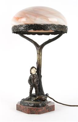 Circle of Peter Tereszczuk, a table lamp in the form of a tree with two branches, with a farmer and a goose by a pond, Austria, c. 1905 - Jugendstil and 20th Century Arts and Crafts