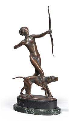 Bronzegruppe: Jagdgöttin Diana mit Hund, um 1920/30 - Secese a umění 20. století