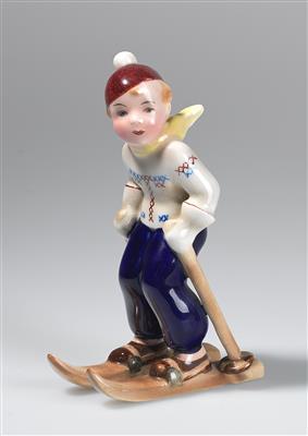 Figur: "Skijunge mit Stock" (kleiner skifahrender Junge mit Zipfelmütze), Stephan Dakon zugeschrieben, Entwurf: ca. 1938, - Jugendstil e arte applicata del XX secolo