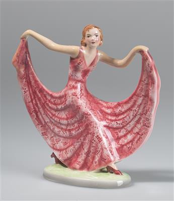 Stephan Dakon, Figur "Arabella" (stehende junge Dame, ihr langes Kleid schmetterlingsflügelartig auseinander haltend, auf Ovalsockel), Entwurf: ca. 1937, - Jugendstil and 20th Century Arts and Crafts