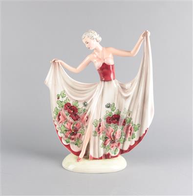 Stephan Dankon, Figur "Tanzstudie" (Tänzerin mit geneigtem Kopf, ihr langes Kleid mit beiden Händen hochhebend) auf einem Ovalsockel stehen, Entwurf: ca. 1937, - Jugendstil und Kunsthandwerk des 20. Jahrhunderts