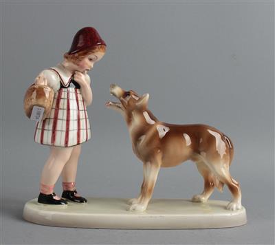 Claire Weiss (d. i. Herczeg, Claire bzw. Klára), Gruppe: Rotkäppchen (mit Korb) und der Wolf, Entwurf: ca. 1934/35, Ausführung: Wiener Manufaktur Friedrich Goldscheider, bis ca. 1941 - Kleinode des Jugendstils und angewandte Kunst des 20. Jahrhunderts