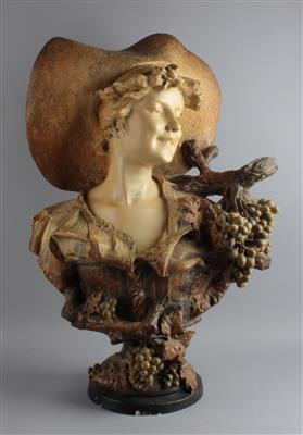 Ezio Ceccarelli, große Büste "Winzerin"/ "Automne" (Herbst), Frau mit großem Hut und Trauben, Entwurf: ca. 1898, - Jugendstil e arte applicata del XX secolo