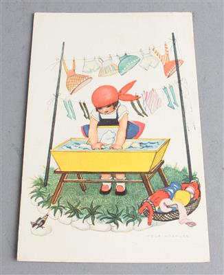 Mela Koehler, Postkarte "Puppenwäsche", Kunst und Kind, Ausstellung im Messepalast 1928 - Jugendstil and 20th Century Arts and Crafts