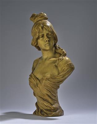 Nelson, Büste "Ondine" (junge Dame mit hochgebundenem Haar), Entwurf: ca. 1900, Modellnummer: 2091, Wiener Manufaktur Friedrich Goldscheider, bis ca. 1920 - Kleinode des Jugendstils und angewandte Kunst des 20. Jahrhunderts