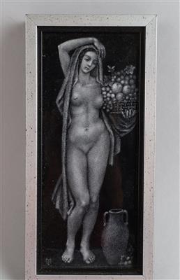 Emil Meier, Emaillebild mit Frauenakt, einen Korb mit Früchten haltend und einem Krug, Österreich, ca. 1925 - Secese a umění 20. století