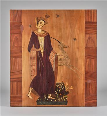 Wandpaneel (ehemals Teil einer Tür) im Stil von Viktor Lurje: Frauenfigur mit Krone und einem Einhorn auf einer Blumenwiese, Wien, um 1920 - Jugendstil e arte applicata del XX secolo