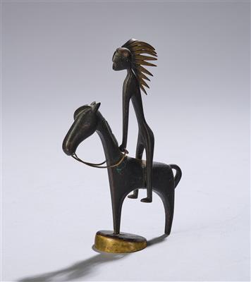 Franz Hagenauer, Reiter auf einem Pferd (männliche Figur eines Native Amerikan mit Federschmuck), Modellnummer: 9254, Erstausführung: 1952, Ausführung: Werkstätten Hagenauer, Wien - Kleinode des Jugendstils und angewandte Kunst des 20. Jahrhunderts