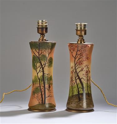 Paar Vasen als Tischlampen umfunktioniert, mit Landschaftsdekor bzw. einer Seelandschaft, Legras  &  Cie., St. Denis, um 1900/1910 - Kleinode des Jugendstils und angewandte Kunst des 20. Jahrhunderts