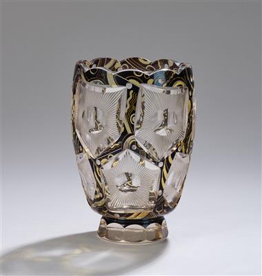 Vase im Art Déco Stil mit geometrischem Dekor, Karl Palda, Haida bzw. Gebrüder Lorenz, Glasexport und Kunstgewerbliche Glaswerkstätten Steinschönau, um 1930/40 - Secese a umění 20. století