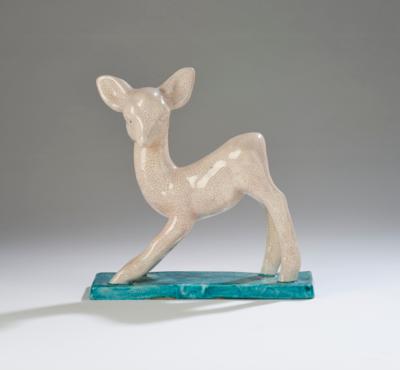 “A standing roe deer on a rectangular base”, model number: 6076, designed in around 1930, Wiener Manufaktur Friedrich Goldscheider, by 1941 - Jugendstil 'Animals and mythical creatures'