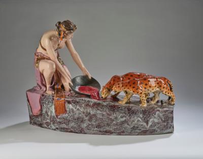 A large ceramic group: an Oriental woman offering blood from a bowl to two jaguars, c. 1910/15 - Jugendstil 'Animals and mythical creatures'