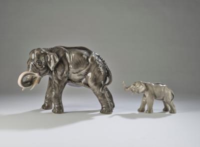 A large elephant, model number: 268, Gloriette Keramik, Vienna, and a small elephant, designed by Karin Jarl, c. 1934, model number: 6907, Wiener Manufaktur Friedrich Goldscheider, by 1941 - Jugendstil 'Animals and mythical creatures'