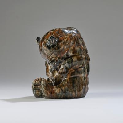 Hugo Postl (born in Judenburg in 1879), figure: “Bear cleaning himself”, probably model number 131, executed by Hugo Kirsch Keramik, Mauer near Vienna, c. 1908 - Jugendstil 'Animals and mythical creatures'