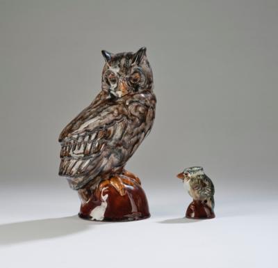 Leo Miller (1887-1965), an owl and a small bird on a base, model numbers: 286 and 101, Radstädter Keramik, 1922-1962 - Jugendstil 'Animals and mythical creatures'