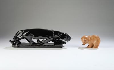 A sneaking panther, model number: 10027 and a small bear, model number: 11050, Wienerberger, Vienna - Jugendstil 'Animals and mythical creatures'