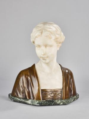 Henry Schumacher, Büste einer jungen Frau aus Alabaster und Bronze, bezeichnet 'Luteur', um 1900 (Büste und Bronzemontierung sind voneinander gelöst) - Jugendstil e arte applicata del XX secolo