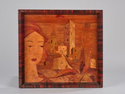 Holzrelief: Frauenbüste mit einer Agave und Teilansicht einer Stadt im Hintergrund im Stil von Viktor Lurje, um 1920 - Kleinode des Jugendstils und angewandte Kunst des 20. Jahrhunderts