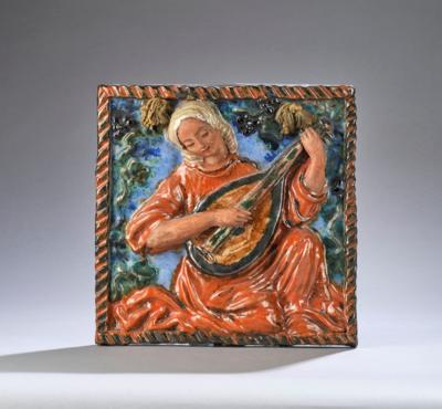 A ceramic painting with a woman playing mandolin, c. 1930 - Jugendstil e arte applicata del XX secolo