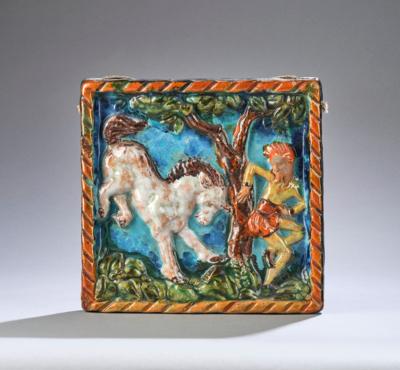 A ceramic painting with a white unicorn and a male figure, c. 1930 - Secese a umění 20. století
