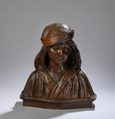 Lesca (pseudonym), a bust a young girl in mediaeval costume, model number 1696, designed in around 1898, executed by Wiener Manufaktur Friedrich Goldscheider, by c. 1910 - Secese a umění 20. století