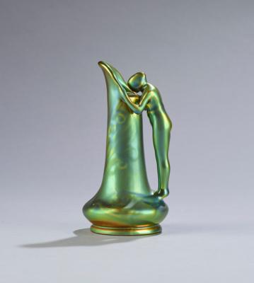Sándor Apáti Abt and Lajos Mack, a small jug with female nude figure, designed in around 1900, Zsolnay, Pécs, later execution - Jugendstil e arte applicata del XX secolo