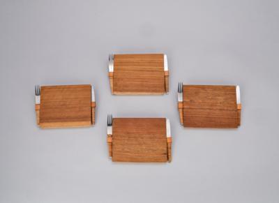 Four breakfast and cheese boards made of walnut wood with fork and knife, model number 4305, Carl Auböck, Vienna, c. 1960 - Secese a umění 20. století