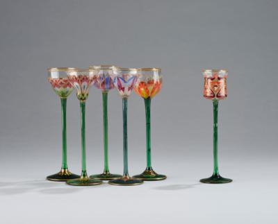 Six different liqueur glasses painted with floral and geometrical motifs in translucent enamel, in the style of Ferdinand von Poschinger, Buchenau or Bohemian or Bavarian Forest - Jugendstil and 20th Century Arts and Crafts