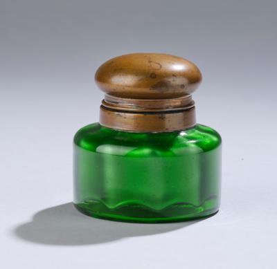 A green glass inkwell with brass cover, c. 1920 - Secese a umění 20. století