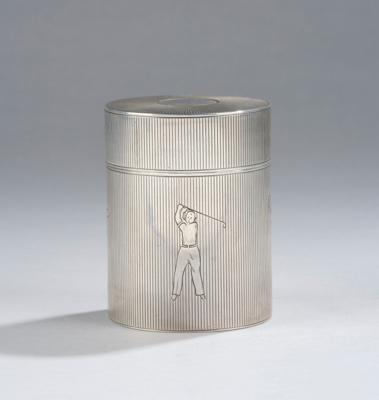 A sterling silver lidded box with four depictions of golfers, Germany, c. 1930 - Secese a umění 20. století