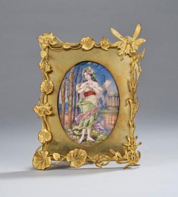 An enamel painting with female figure and classical background, in a brass frame with gilt floral motifs, c. 1900 - Jugendstil and 20th Century Arts and Crafts