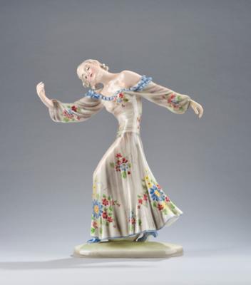 Josef Lorenzl, “Rythmus” (female dancer posing on an oval base), model number 8652, designed in around 1940, executed by Wiener Manufaktur Josef Schuster, formerly Friedrich Goldscheider, as of 1941 - Jugendstil and 20th Century Arts and Crafts