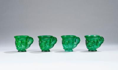 Four handled cups with oriental decor, Heinrich Hoffmann, Gablonz a. d. N., glass melting and pressing by Josef Riedel, Polaun, c. 1928-30, design: probably Alexander Pfohl - Secese a umění 20. století