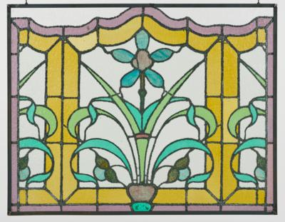 A large rectangular leadlight glass window with floral motifs in curved outline, c. 1900/1920 - Jugendstil e arte applicata del XX secolo