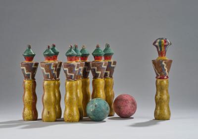 Wooden toys: nine skittles figures and two balls, c. 1925 - Jugendstil and 20th Century Arts and Crafts