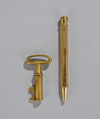 A corkscrew and bottle opener in the form of a key, model number 3687, and a 'pencil with lead' paperweight, model number 5036, Carl Auböck, Vienna, c. 1960 - Secese a umění 20. století