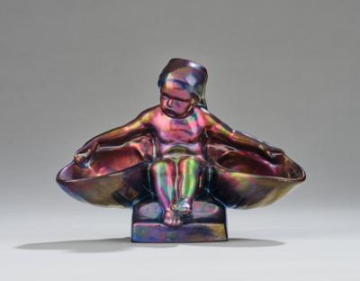 A seated girl with two bowls (bowl bearer), Zsolnay, Pécs, c. 1930 - Jugendstil and 20th Century Arts and Crafts